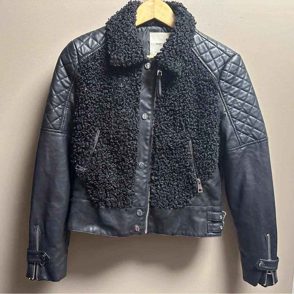 Mango faux leather black biker jacket| size small